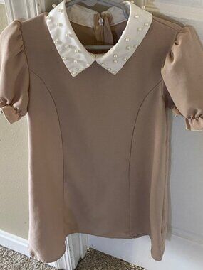 Girls Pearl-Collar Puff Sleeve Dress